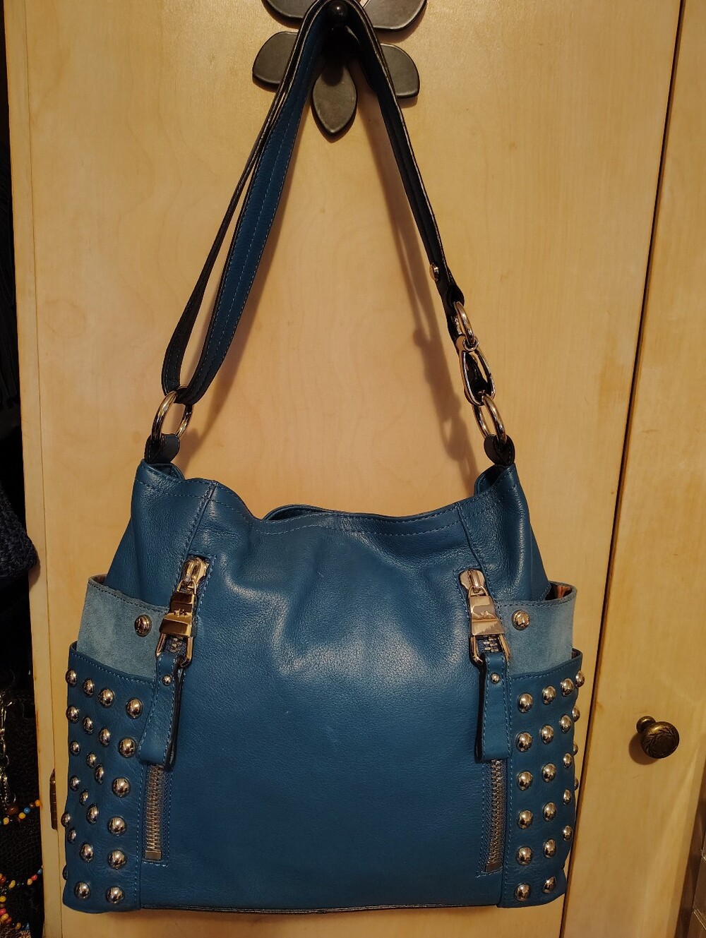 B Makowsky Teal Blue Studded Leather Shoulder/Crossbody Handbag NWOT